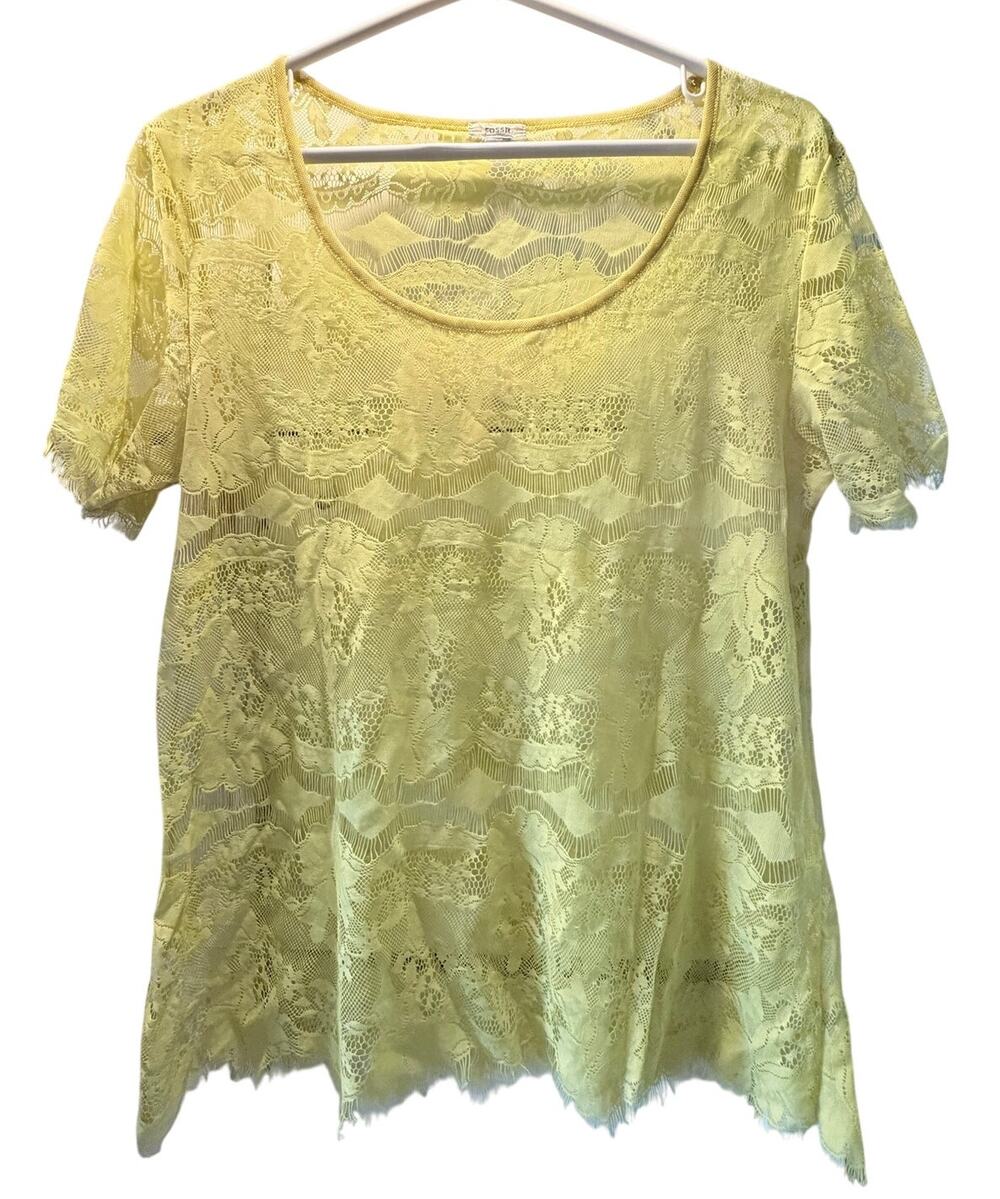 Unconvential Lace Semi Sheer Tee Shirt Blouse Layer Citron Green Yellow Funky